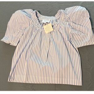 The Shirt Rochelle Behrens Blue White Striped Puff Sleeve Ruched Blouse SmallNWT